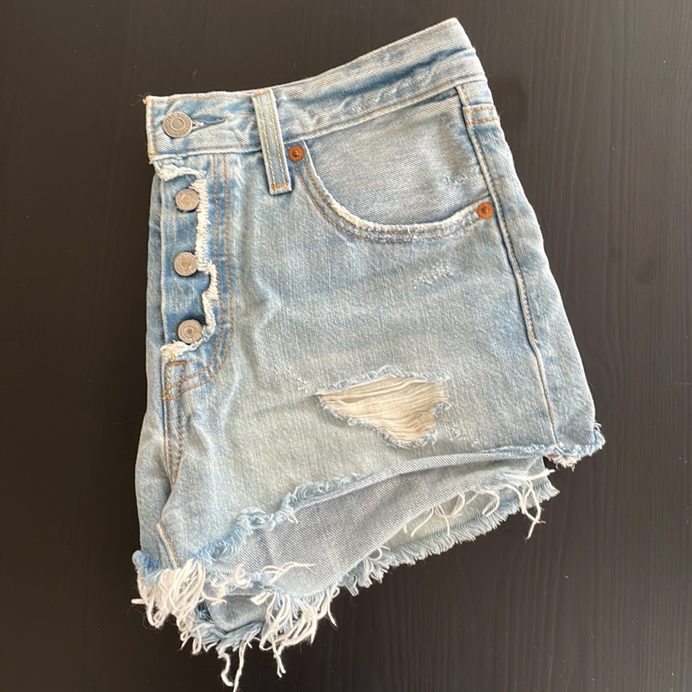 Levi's Light Blue Distressed High-Rise Jean Shorts